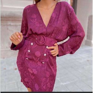 ZARA NWT Jacquard Belted Tie Waist Gem Button 70s 80s Mini Dress in Purple sz xs